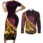Brisbane Broncos Easter Day Couples Matching Short Sleeve Bodycon Dress and Long Sleeve Button Shirt Bunny and Egg Pattern in Gold Maroon Festive Style