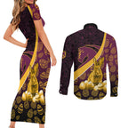 Brisbane Broncos Easter Day Couples Matching Short Sleeve Bodycon Dress and Long Sleeve Button Shirt Bunny and Egg Pattern in Gold Maroon Festive Style