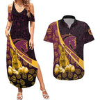 Brisbane Broncos Easter Day Couples Matching Summer Maxi Dress and Hawaiian Shirt Bunny and Egg Pattern in Gold Maroon Festive Style