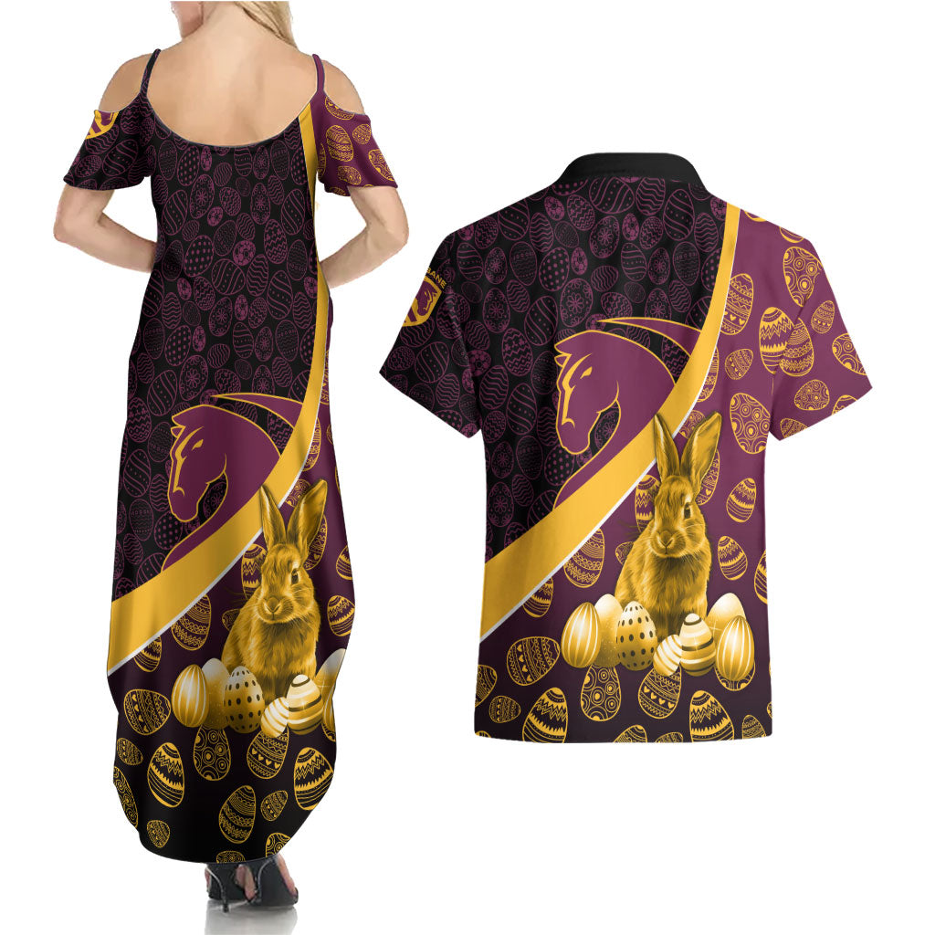 Brisbane Broncos Easter Day Couples Matching Summer Maxi Dress and Hawaiian Shirt Bunny and Egg Pattern in Gold Maroon Festive Style