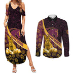 Brisbane Broncos Easter Day Couples Matching Summer Maxi Dress and Long Sleeve Button Shirt Bunny and Egg Pattern in Gold Maroon Festive Style