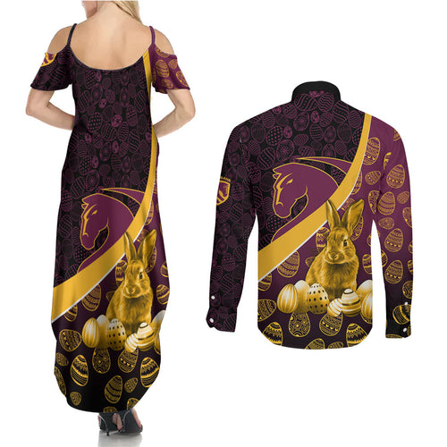 Brisbane Broncos Easter Day Couples Matching Summer Maxi Dress and Long Sleeve Button Shirt Bunny and Egg Pattern in Gold Maroon Festive Style