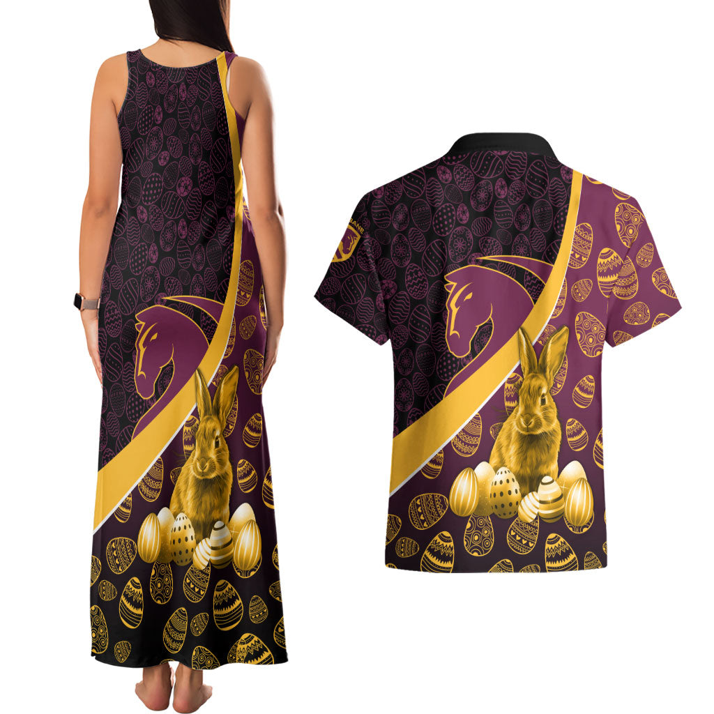 Brisbane Broncos Easter Day Couples Matching Tank Maxi Dress and Hawaiian Shirt Bunny and Egg Pattern in Gold Maroon Festive Style