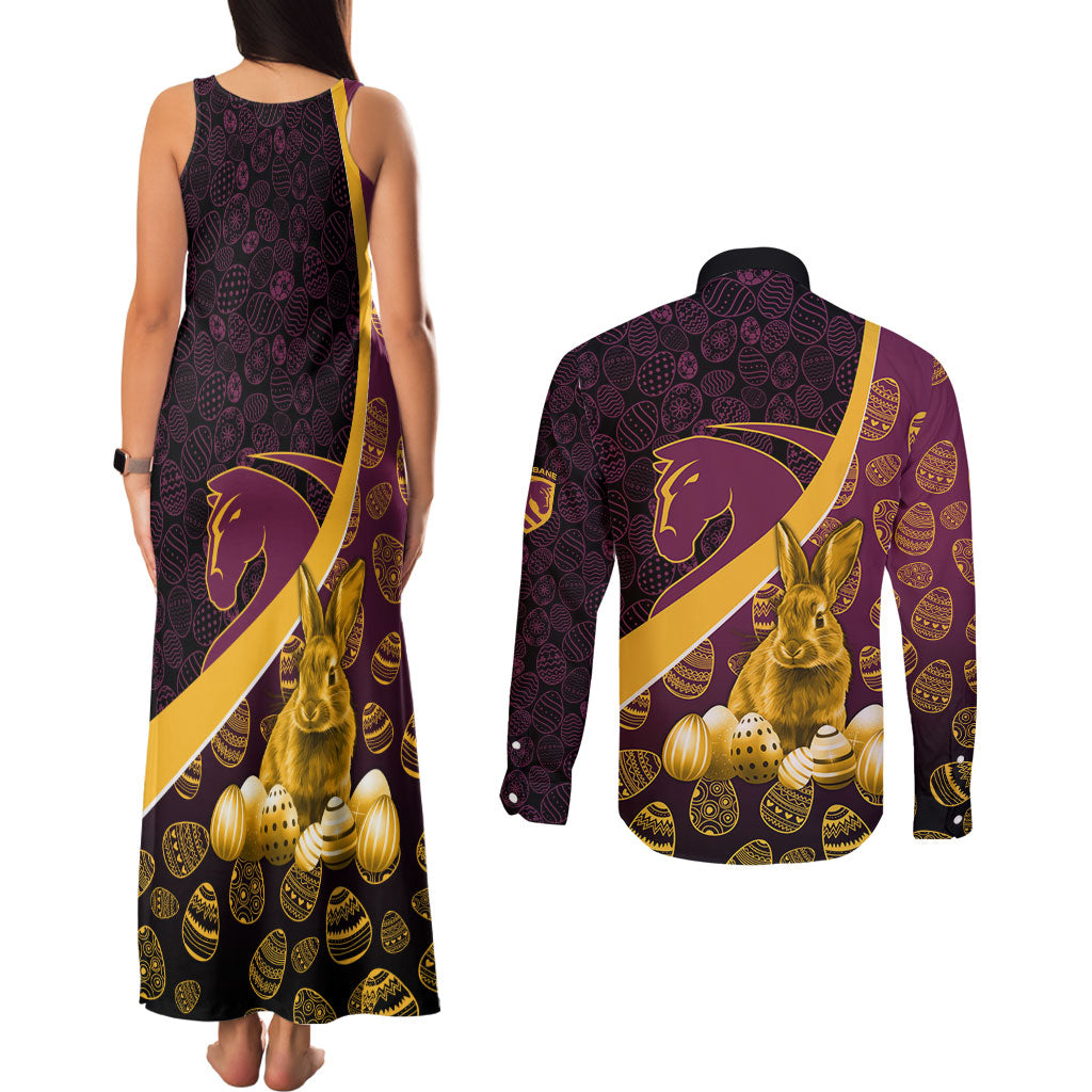 Brisbane Broncos Easter Day Couples Matching Tank Maxi Dress and Long Sleeve Button Shirt Bunny and Egg Pattern in Gold Maroon Festive Style