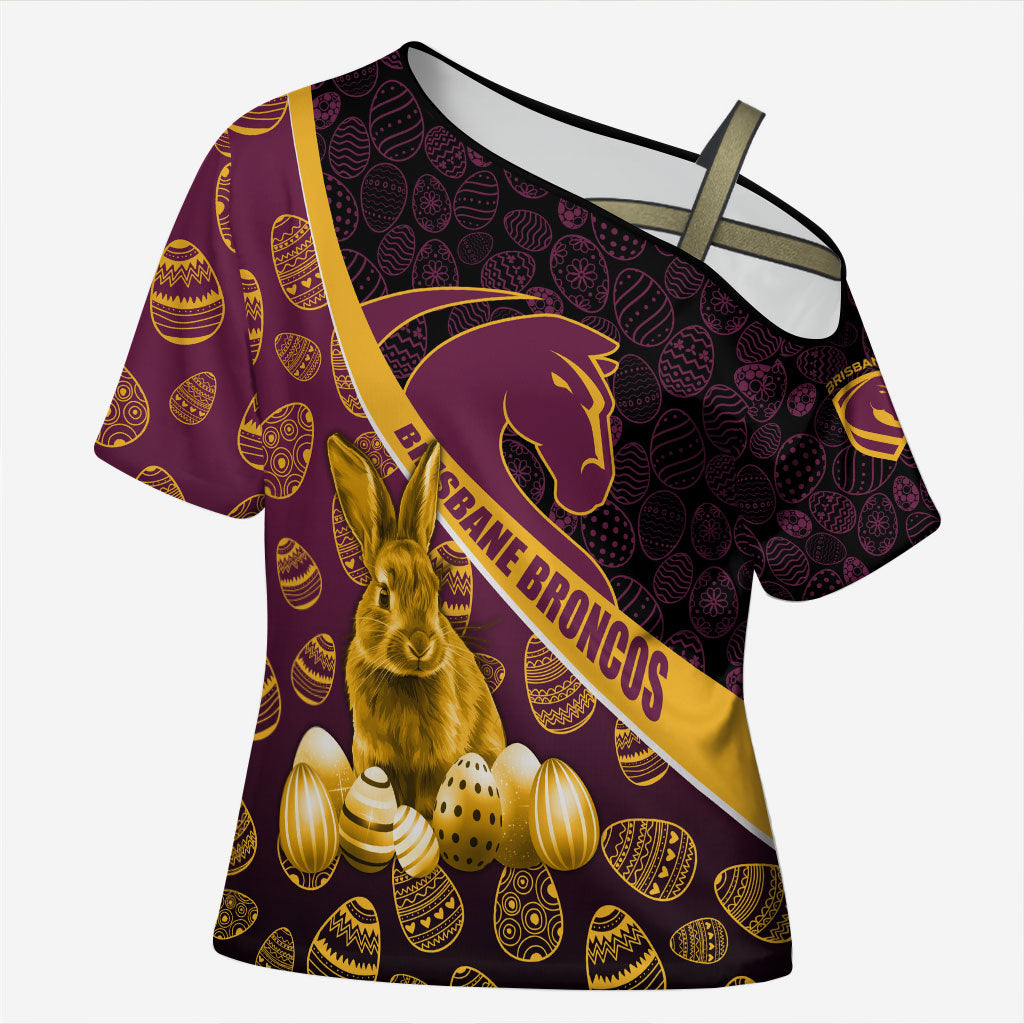 Brisbane Broncos Easter Day Cross Shoulder Shirt Bunny and Egg Pattern in Gold Maroon Festive Style