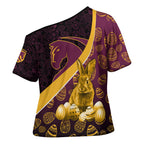 Brisbane Broncos Easter Day Cross Shoulder Shirt Bunny and Egg Pattern in Gold Maroon Festive Style