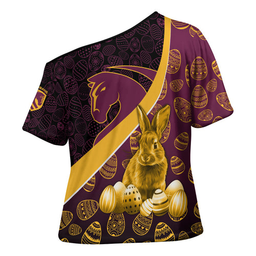 Brisbane Broncos Easter Day Cross Shoulder Shirt Bunny and Egg Pattern in Gold Maroon Festive Style