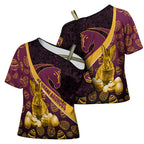 Brisbane Broncos Easter Day Cross Shoulder Shirt Bunny and Egg Pattern in Gold Maroon Festive Style