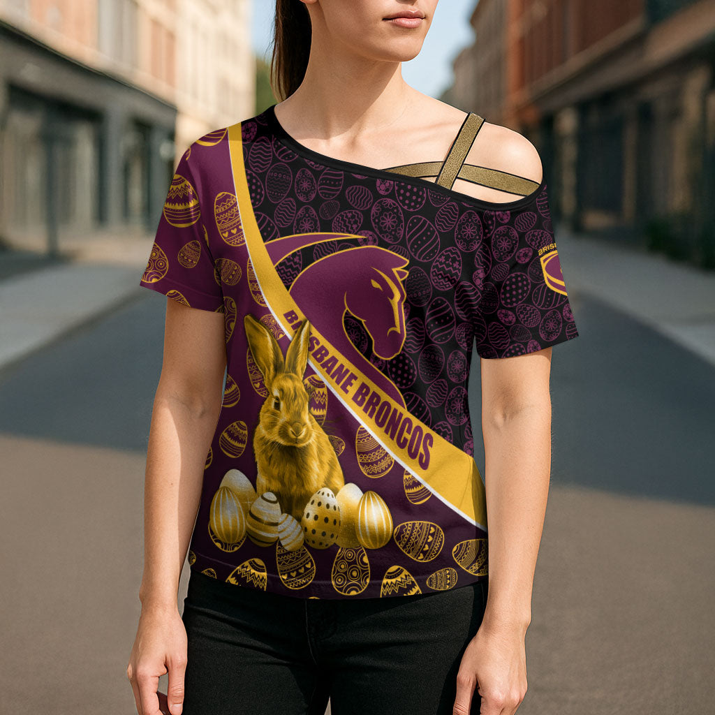 Brisbane Broncos Easter Day Cross Shoulder Shirt Bunny and Egg Pattern in Gold Maroon Festive Style