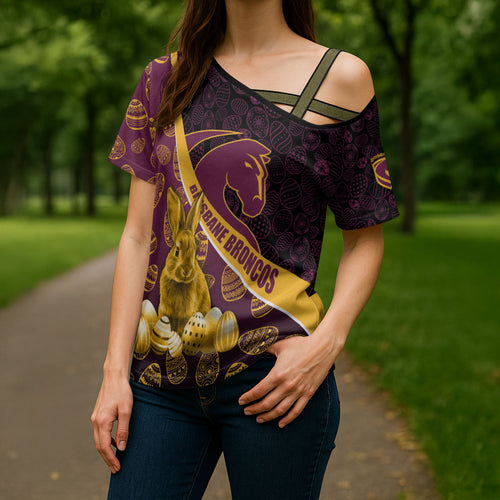 Brisbane Broncos Easter Day Cross Shoulder Shirt Bunny and Egg Pattern in Gold Maroon Festive Style