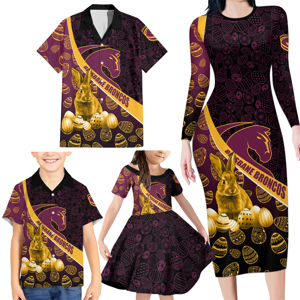 Brisbane Broncos Easter Day Family Matching Long Sleeve Bodycon Dress and Hawaiian Shirt Bunny and Egg Pattern in Gold Maroon Festive Style