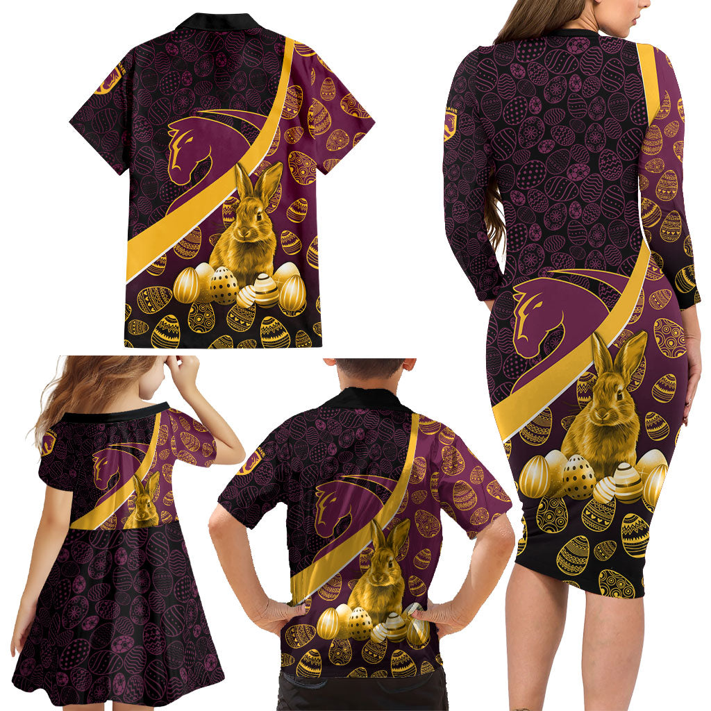 Brisbane Broncos Easter Day Family Matching Long Sleeve Bodycon Dress and Hawaiian Shirt Bunny and Egg Pattern in Gold Maroon Festive Style