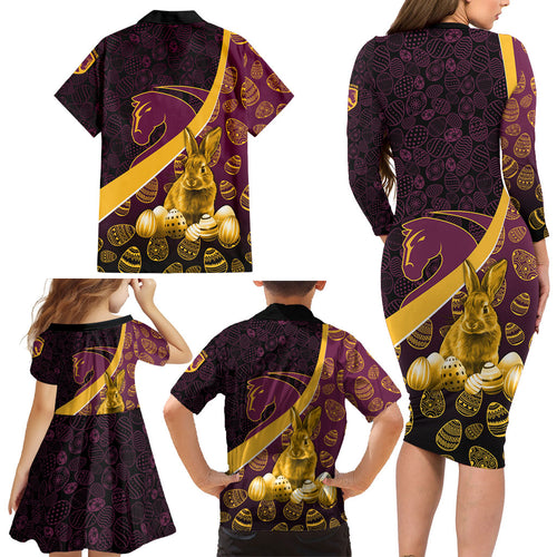 Brisbane Broncos Easter Day Family Matching Long Sleeve Bodycon Dress and Hawaiian Shirt Bunny and Egg Pattern in Gold Maroon Festive Style