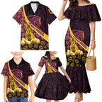 Brisbane Broncos Easter Day Family Matching Mermaid Dress and Hawaiian Shirt Bunny and Egg Pattern in Gold Maroon Festive Style