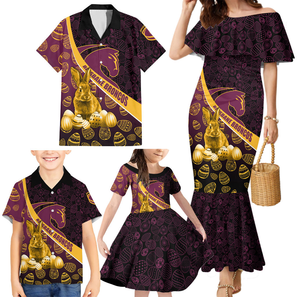 Brisbane Broncos Easter Day Family Matching Mermaid Dress and Hawaiian Shirt Bunny and Egg Pattern in Gold Maroon Festive Style
