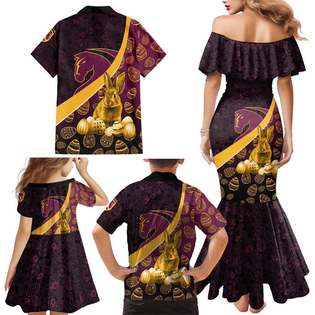 Brisbane Broncos Easter Day Family Matching Mermaid Dress and Hawaiian Shirt Bunny and Egg Pattern in Gold Maroon Festive Style