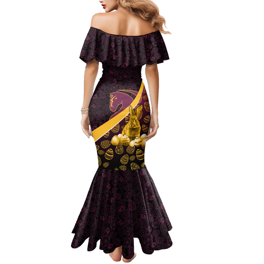Brisbane Broncos Easter Day Family Matching Mermaid Dress and Hawaiian Shirt Bunny and Egg Pattern in Gold Maroon Festive Style