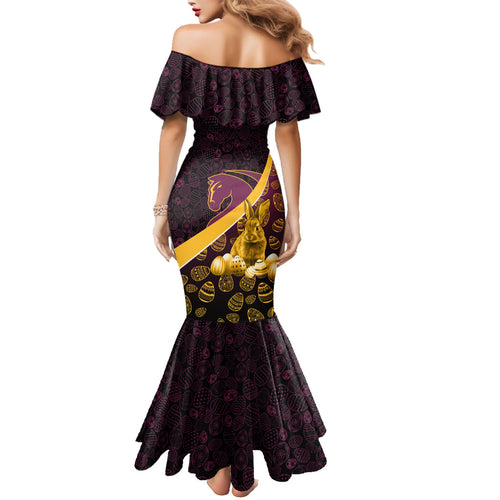 Brisbane Broncos Easter Day Family Matching Mermaid Dress and Hawaiian Shirt Bunny and Egg Pattern in Gold Maroon Festive Style