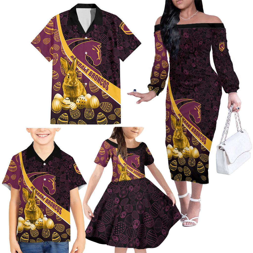 Brisbane Broncos Easter Day Family Matching Off The Shoulder Long Sleeve Dress and Hawaiian Shirt Bunny and Egg Pattern in Gold Maroon Festive Style