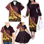 Brisbane Broncos Easter Day Family Matching Off The Shoulder Long Sleeve Dress and Hawaiian Shirt Bunny and Egg Pattern in Gold Maroon Festive Style