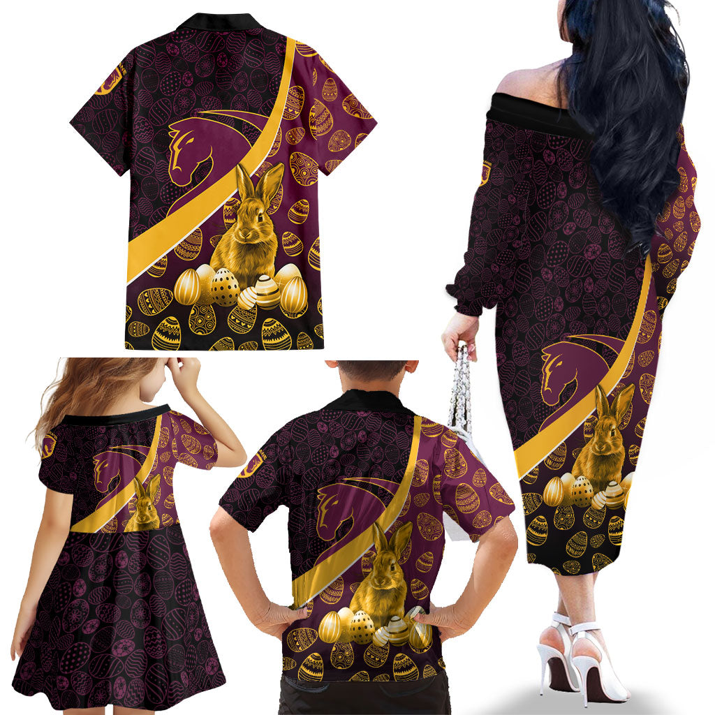 Brisbane Broncos Easter Day Family Matching Off The Shoulder Long Sleeve Dress and Hawaiian Shirt Bunny and Egg Pattern in Gold Maroon Festive Style