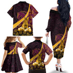 Brisbane Broncos Easter Day Family Matching Off The Shoulder Long Sleeve Dress and Hawaiian Shirt Bunny and Egg Pattern in Gold Maroon Festive Style