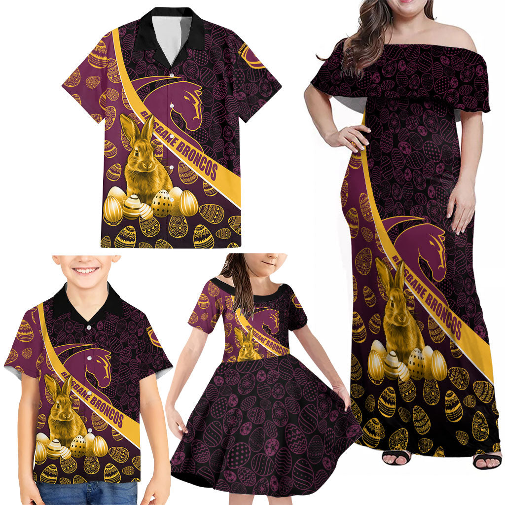 Brisbane Broncos Easter Day Family Matching Off Shoulder Maxi Dress and Hawaiian Shirt Bunny and Egg Pattern in Gold Maroon Festive Style