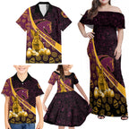 Brisbane Broncos Easter Day Family Matching Off Shoulder Maxi Dress and Hawaiian Shirt Bunny and Egg Pattern in Gold Maroon Festive Style