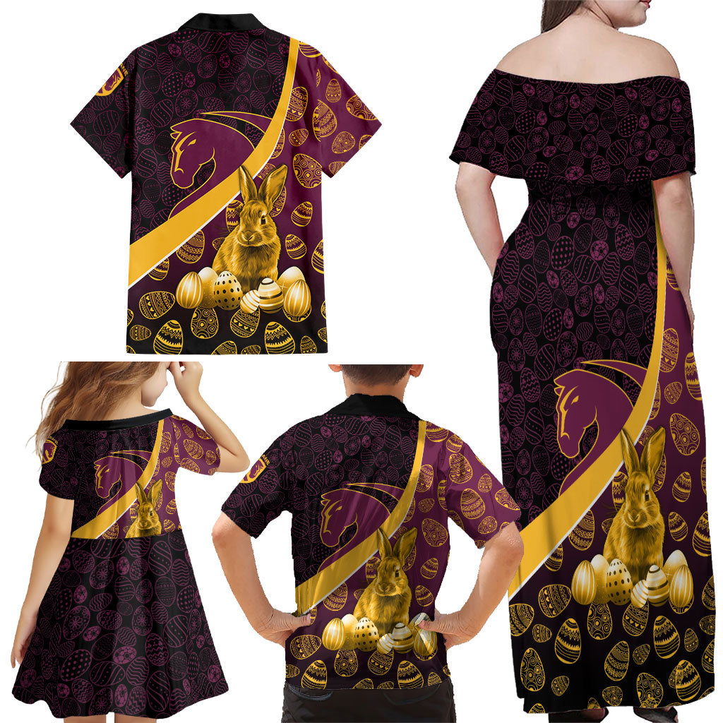 Brisbane Broncos Easter Day Family Matching Off Shoulder Maxi Dress and Hawaiian Shirt Bunny and Egg Pattern in Gold Maroon Festive Style