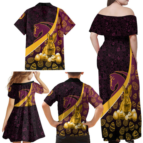 Brisbane Broncos Easter Day Family Matching Off Shoulder Maxi Dress and Hawaiian Shirt Bunny and Egg Pattern in Gold Maroon Festive Style