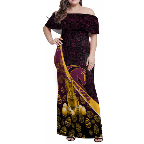 Brisbane Broncos Easter Day Family Matching Off Shoulder Maxi Dress and Hawaiian Shirt Bunny and Egg Pattern in Gold Maroon Festive Style