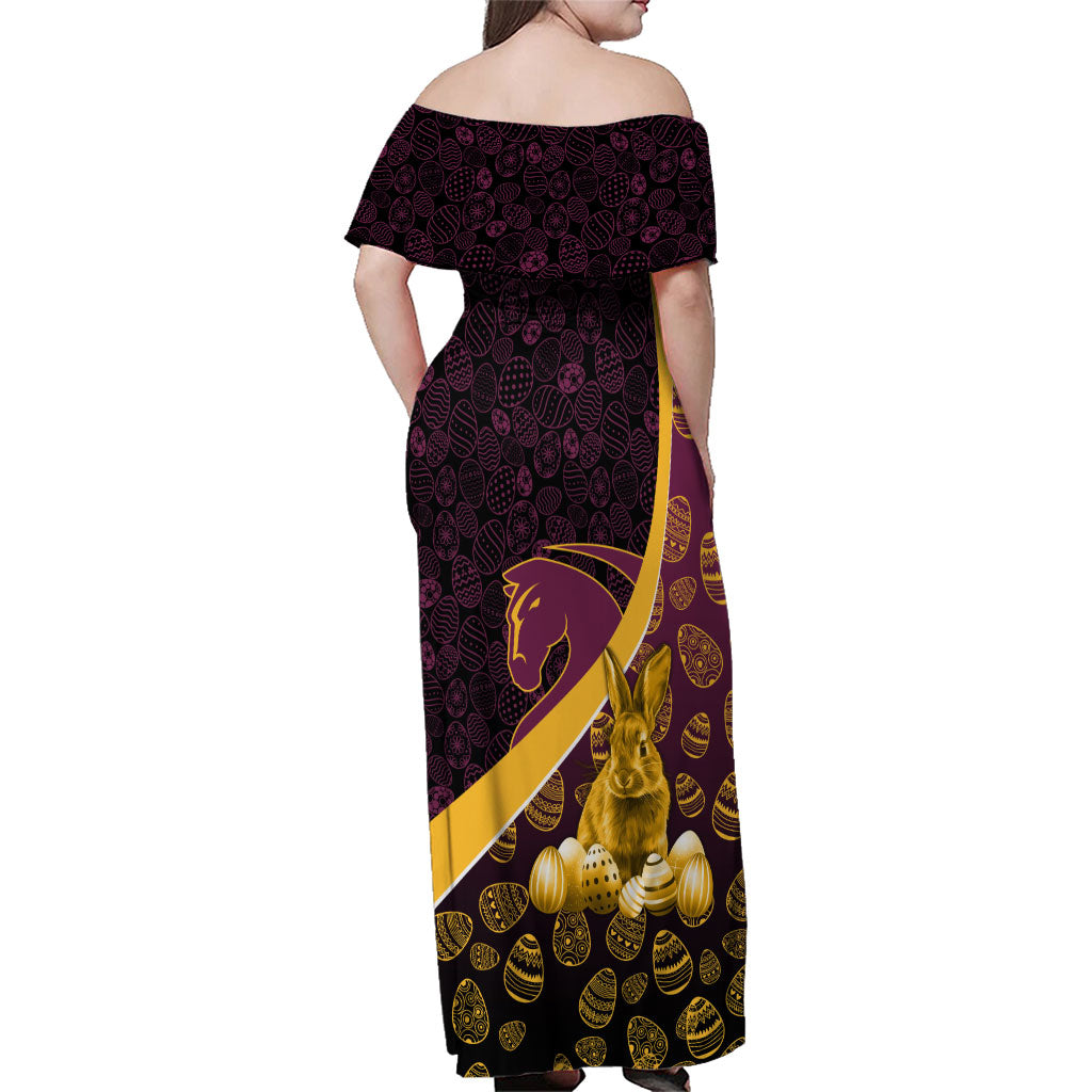 Brisbane Broncos Easter Day Family Matching Off Shoulder Maxi Dress and Hawaiian Shirt Bunny and Egg Pattern in Gold Maroon Festive Style