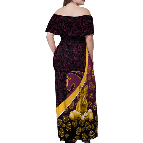 Brisbane Broncos Easter Day Family Matching Off Shoulder Maxi Dress and Hawaiian Shirt Bunny and Egg Pattern in Gold Maroon Festive Style