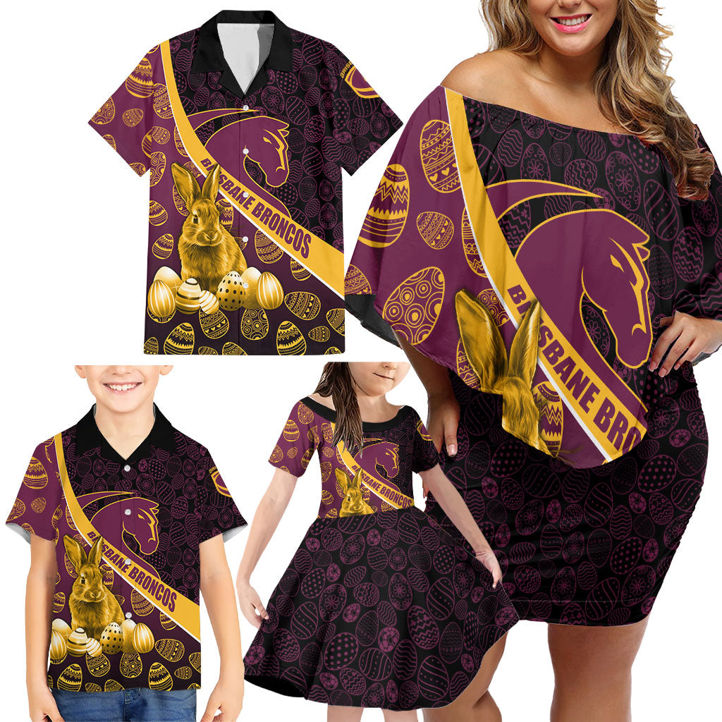 Brisbane Broncos Easter Day Family Matching Off Shoulder Short Dress and Hawaiian Shirt Bunny and Egg Pattern in Gold Maroon Festive Style