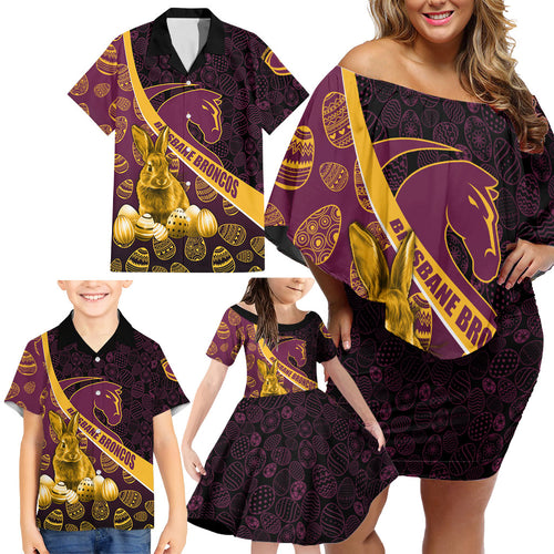 Brisbane Broncos Easter Day Family Matching Off Shoulder Short Dress and Hawaiian Shirt Bunny and Egg Pattern in Gold Maroon Festive Style