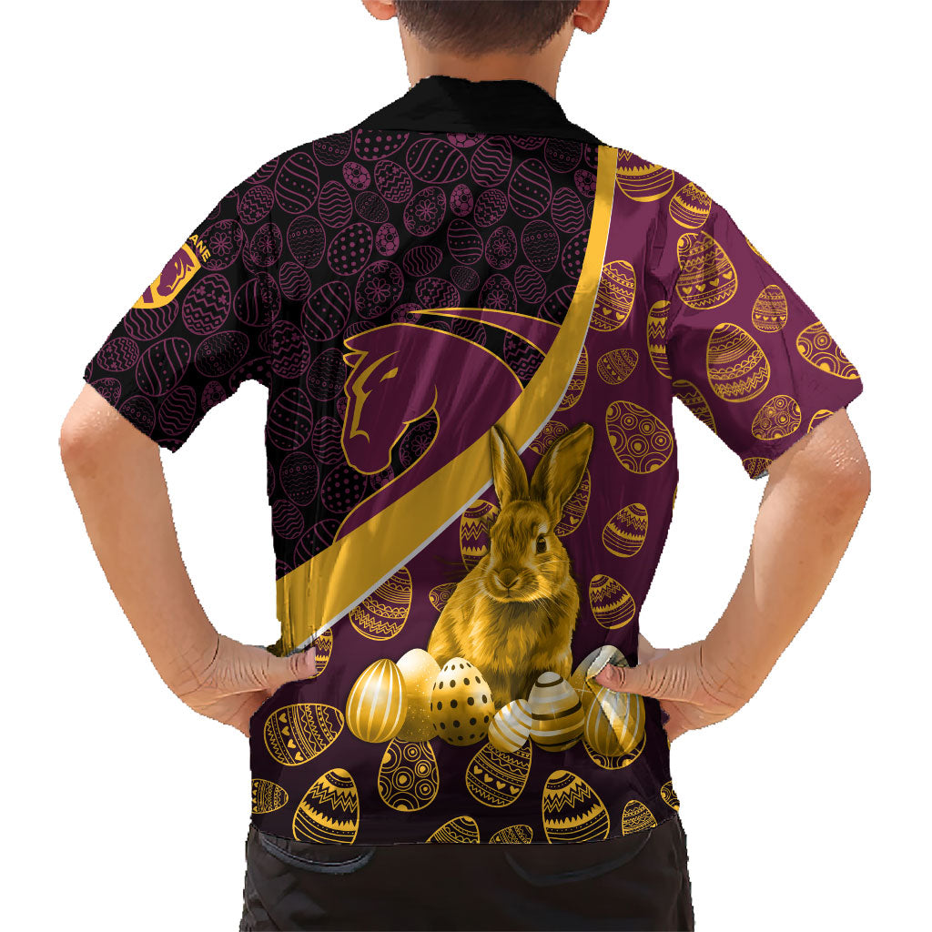 Brisbane Broncos Easter Day Family Matching Off Shoulder Short Dress and Hawaiian Shirt Bunny and Egg Pattern in Gold Maroon Festive Style