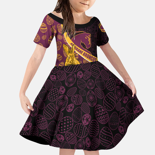 Brisbane Broncos Easter Day Family Matching Off Shoulder Short Dress and Hawaiian Shirt Bunny and Egg Pattern in Gold Maroon Festive Style