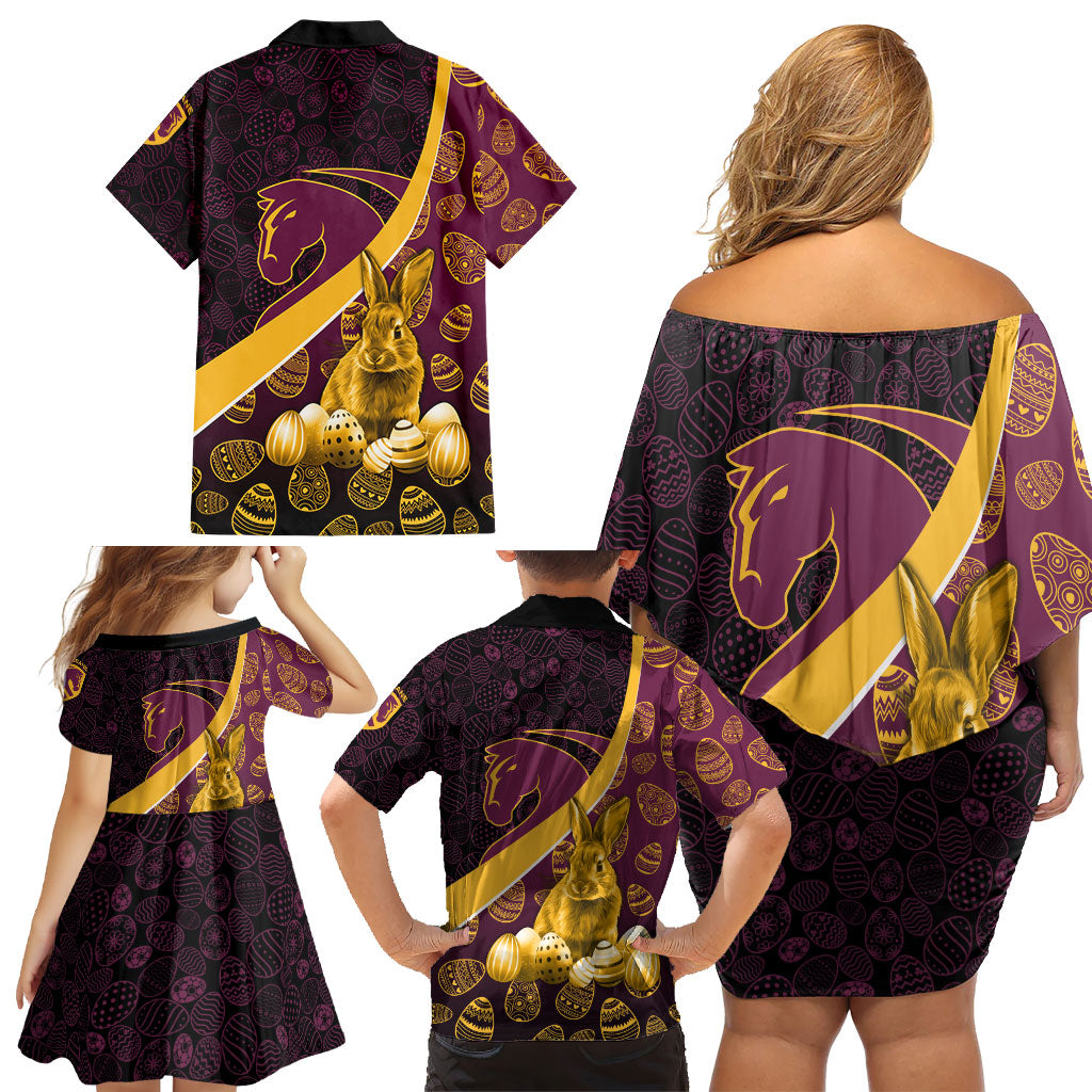 Brisbane Broncos Easter Day Family Matching Off Shoulder Short Dress and Hawaiian Shirt Bunny and Egg Pattern in Gold Maroon Festive Style