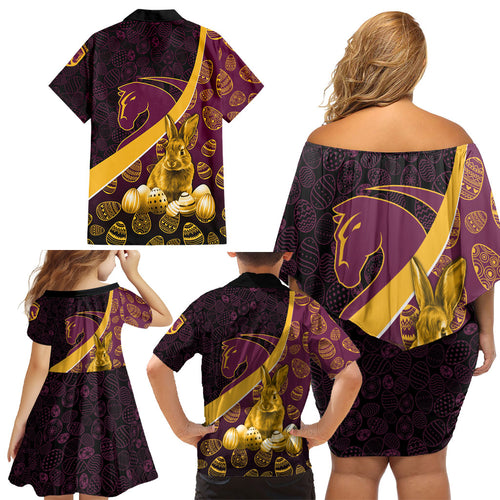 Brisbane Broncos Easter Day Family Matching Off Shoulder Short Dress and Hawaiian Shirt Bunny and Egg Pattern in Gold Maroon Festive Style