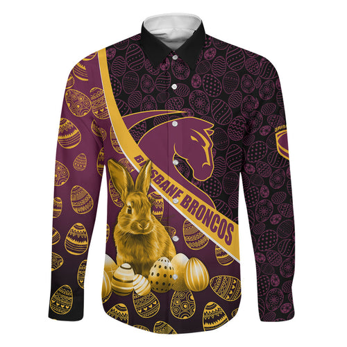 Brisbane Broncos Easter Day Family Matching Off Shoulder Short Dress and Hawaiian Shirt Bunny and Egg Pattern in Gold Maroon Festive Style