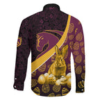 Brisbane Broncos Easter Day Family Matching Off Shoulder Short Dress and Hawaiian Shirt Bunny and Egg Pattern in Gold Maroon Festive Style