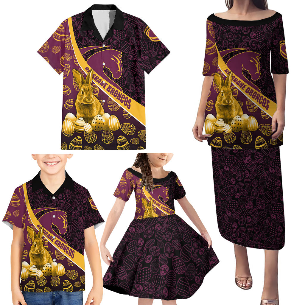 Brisbane Broncos Easter Day Family Matching Puletasi and Hawaiian Shirt Bunny and Egg Pattern in Gold Maroon Festive Style