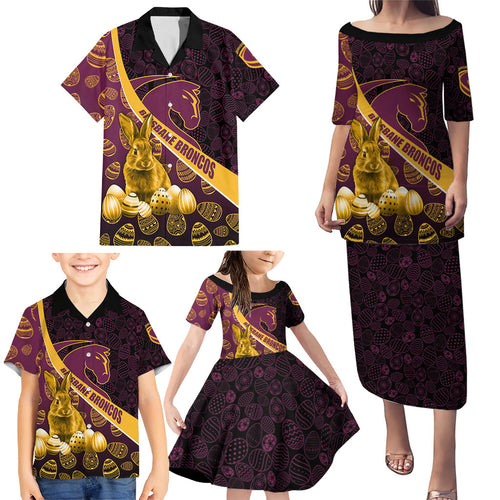 Brisbane Broncos Easter Day Family Matching Puletasi and Hawaiian Shirt Bunny and Egg Pattern in Gold Maroon Festive Style