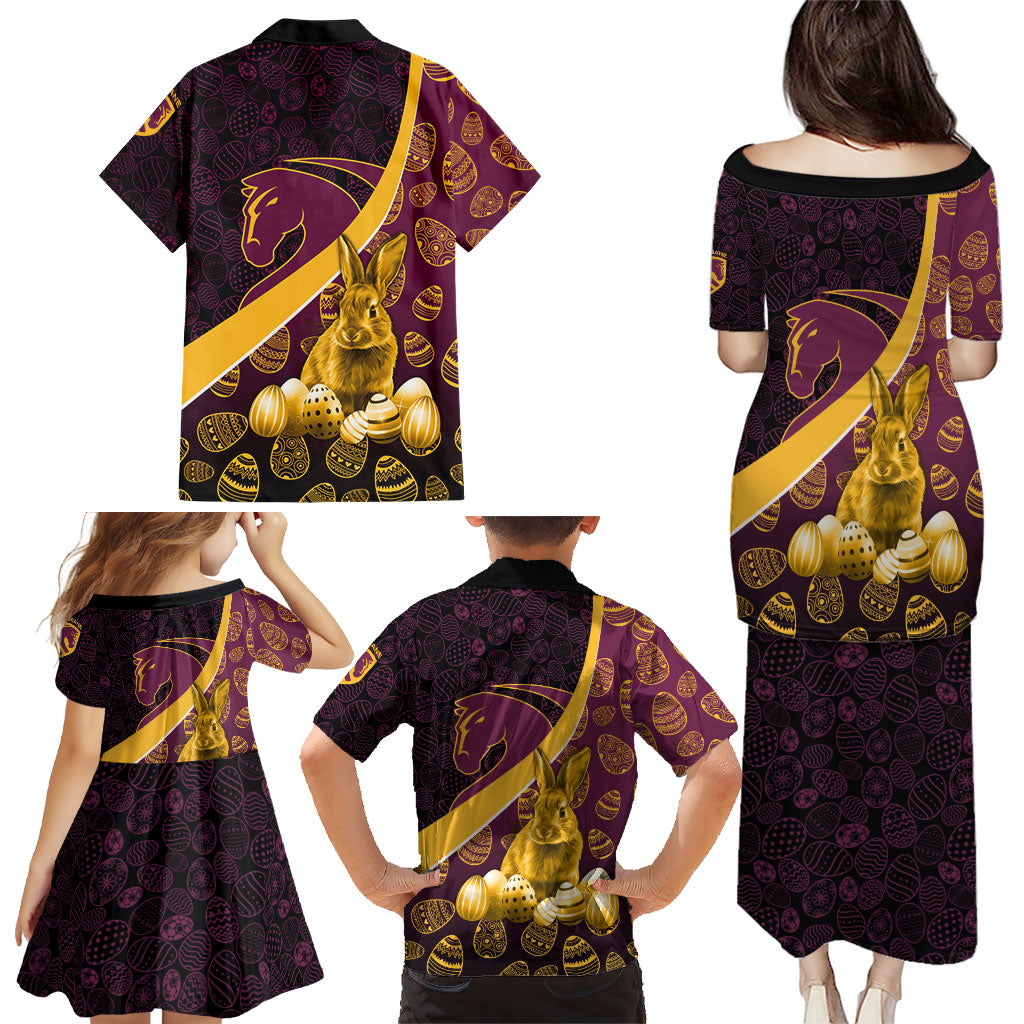 Brisbane Broncos Easter Day Family Matching Puletasi and Hawaiian Shirt Bunny and Egg Pattern in Gold Maroon Festive Style