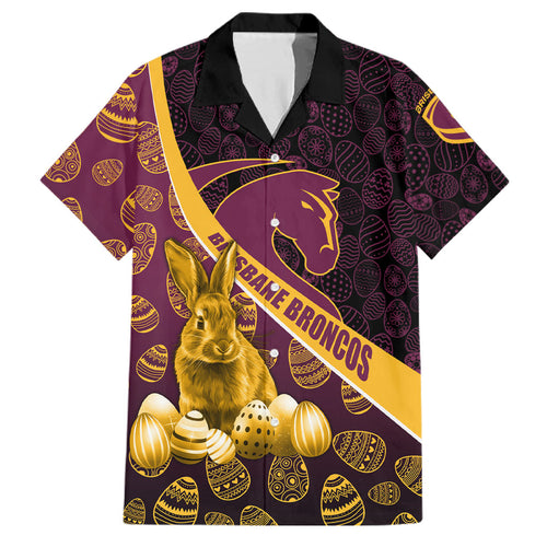 Brisbane Broncos Easter Day Family Matching Puletasi and Hawaiian Shirt Bunny and Egg Pattern in Gold Maroon Festive Style