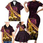 Brisbane Broncos Easter Day Family Matching Short Sleeve Bodycon Dress and Hawaiian Shirt Bunny and Egg Pattern in Gold Maroon Festive Style