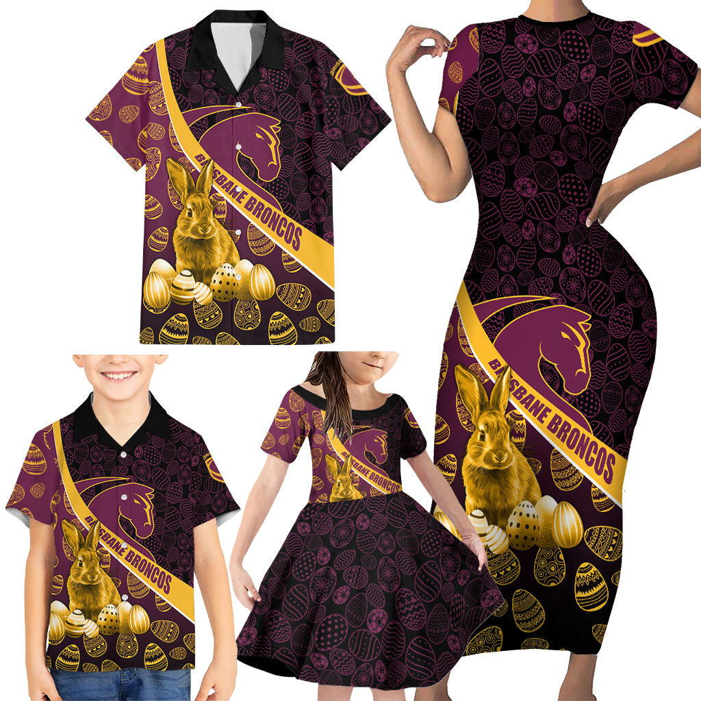 Brisbane Broncos Easter Day Family Matching Short Sleeve Bodycon Dress and Hawaiian Shirt Bunny and Egg Pattern in Gold Maroon Festive Style