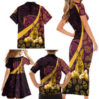 Brisbane Broncos Easter Day Family Matching Short Sleeve Bodycon Dress and Hawaiian Shirt Bunny and Egg Pattern in Gold Maroon Festive Style