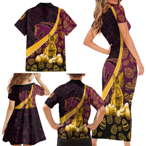 Brisbane Broncos Easter Day Family Matching Short Sleeve Bodycon Dress and Hawaiian Shirt Bunny and Egg Pattern in Gold Maroon Festive Style