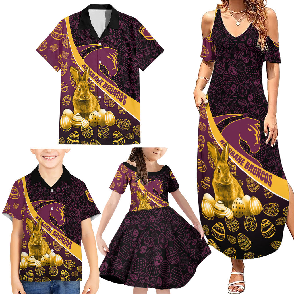 Brisbane Broncos Easter Day Family Matching Summer Maxi Dress and Hawaiian Shirt Bunny and Egg Pattern in Gold Maroon Festive Style